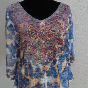 Butterfly arm Top, with red and gold color rhinestones details